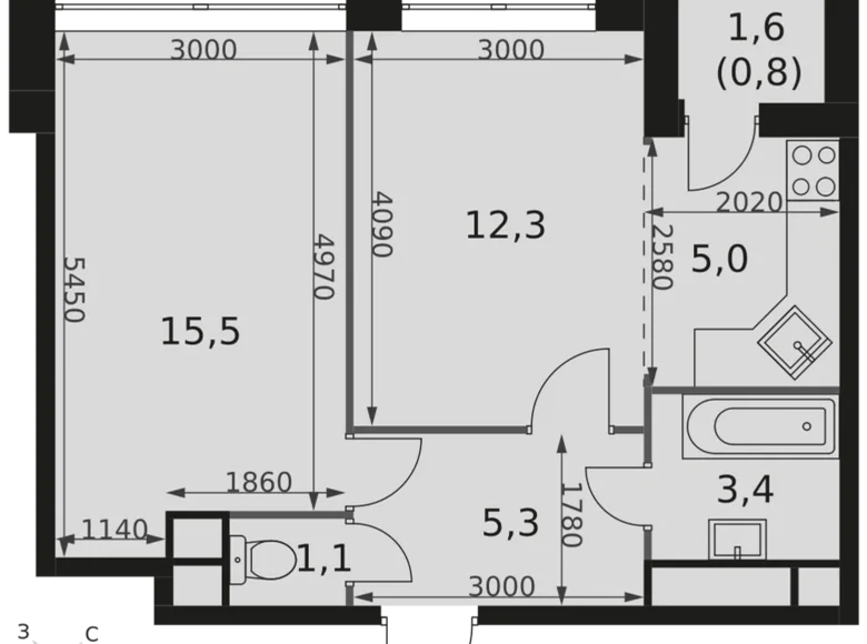 2 room apartment 43 m² Moscow, Russia