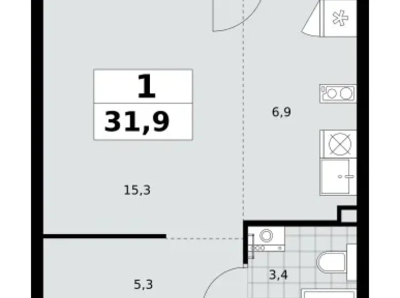 Квартира 1 комната 32 м² район Троицк, Россия