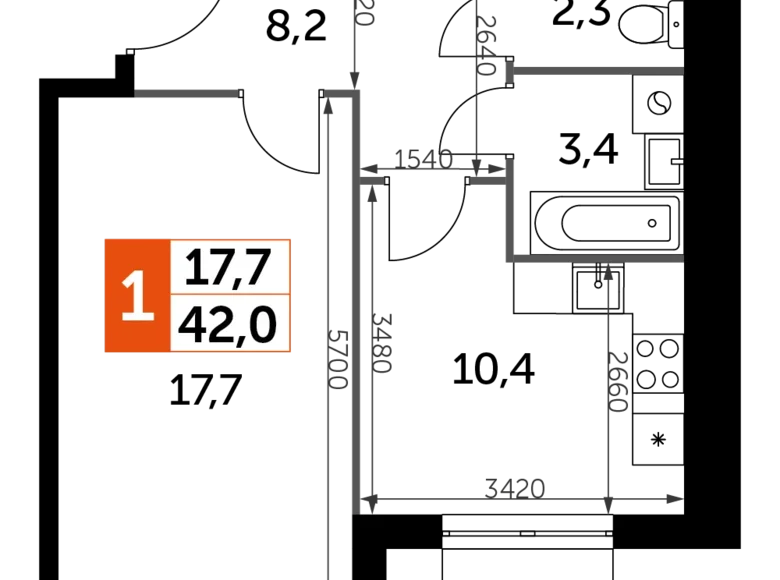 Wohnung 1 zimmer 42 m² Razvilka, Russland