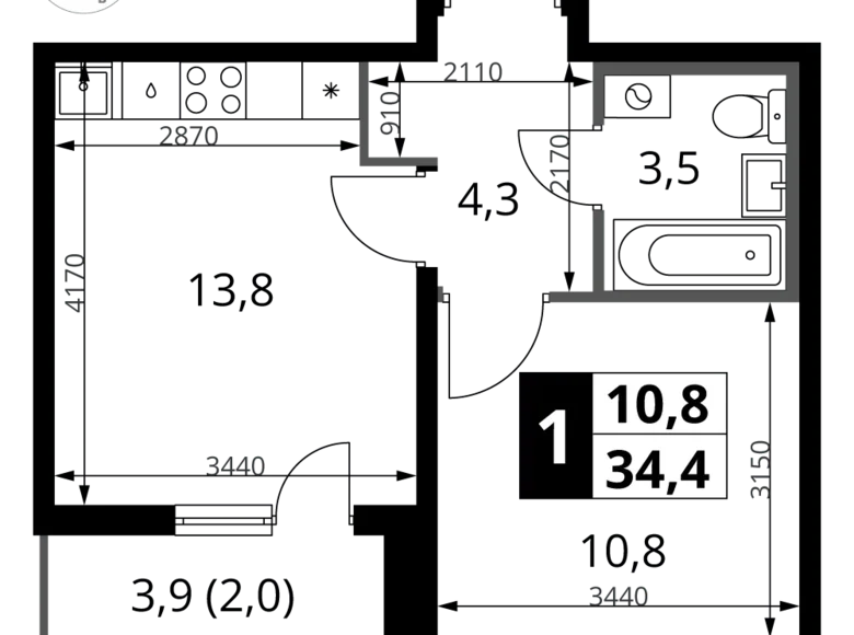 1 room apartment 34 m² Leninsky District, Russia