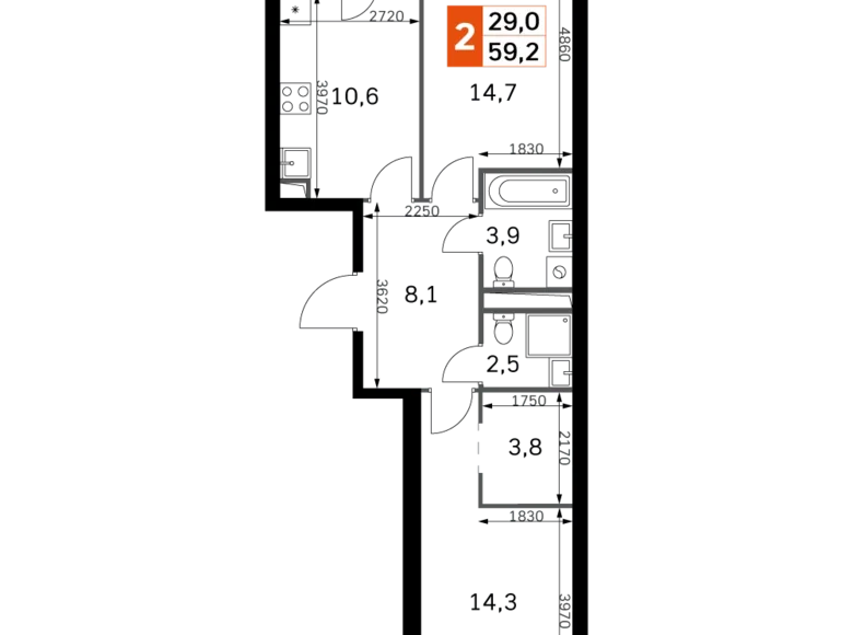 Apartamento 2 habitaciones 59 m² Moscú, Rusia