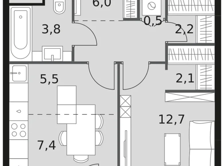 Квартира 1 комната 42 м² Москва, Россия