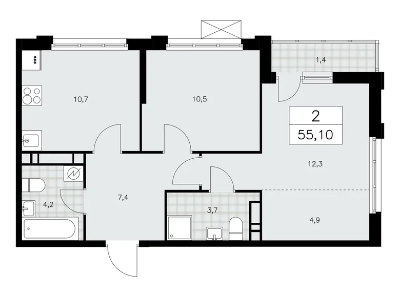 2 room apartment 55 m² Moscow, Russia