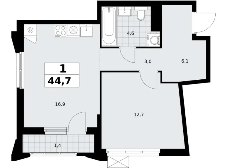 Квартира 1 комната 45 м² район Троицк, Россия