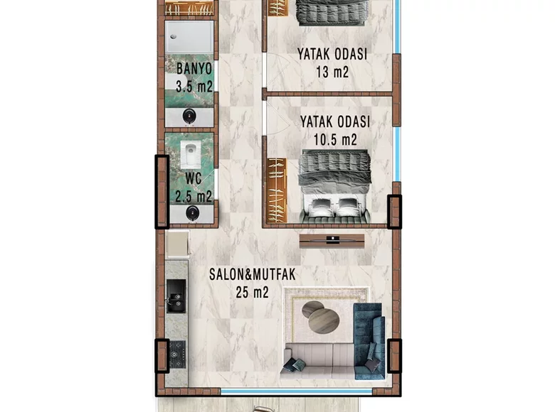 Квартира 3 комнаты 69 м² Алания, Турция