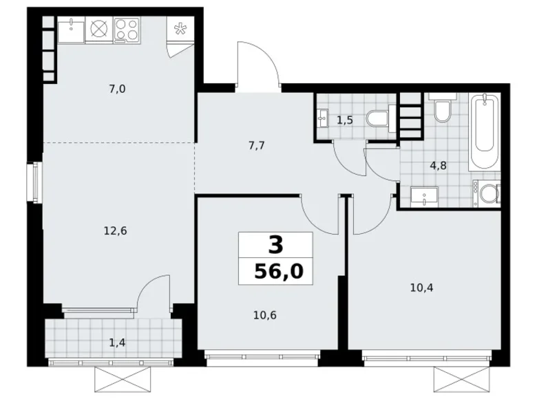 3 room apartment 56 m² South-Western Administrative Okrug, Russia