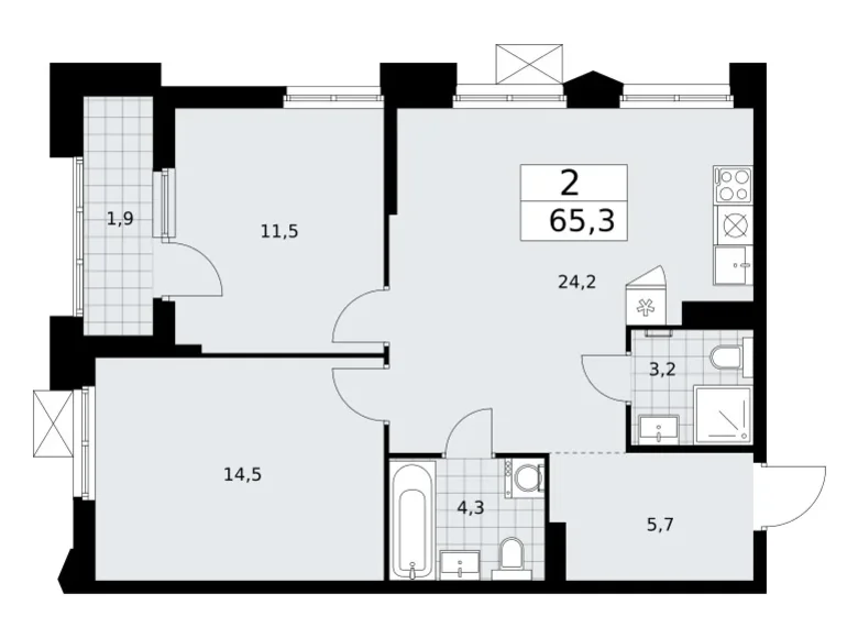 Appartement 2 chambres 65 m² Troïtsk, Russie