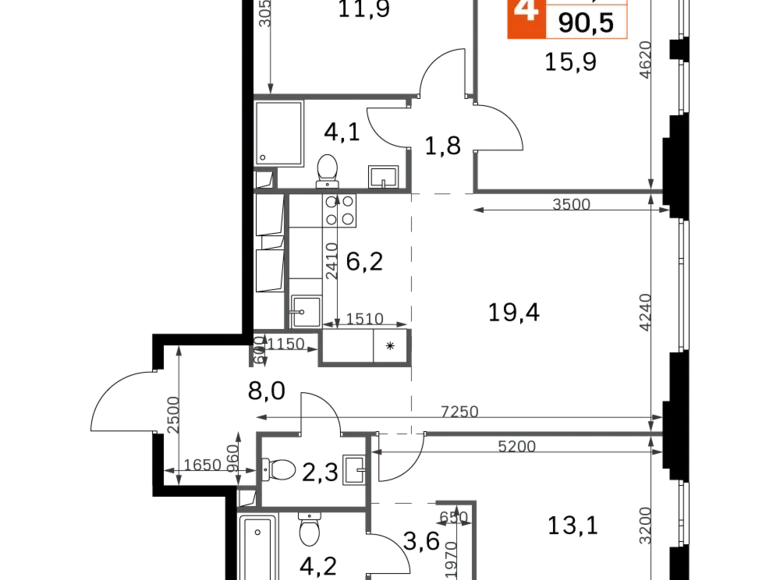 4 room apartment 91 m² North-Western Administrative Okrug, Russia