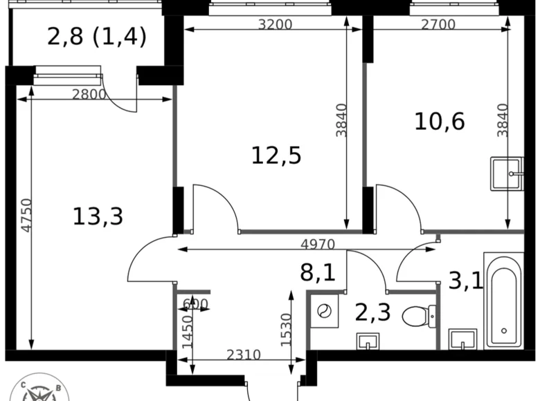 Квартира 2 комнаты 51 м² Сапроново, Россия