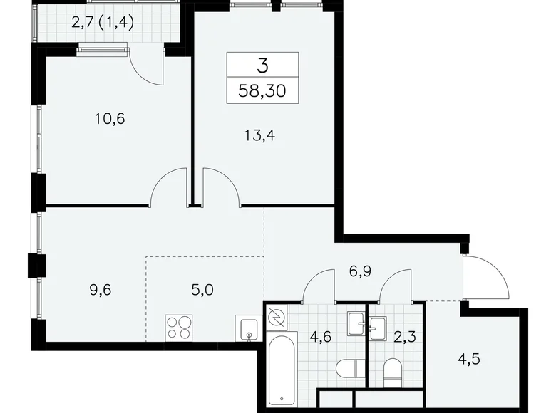 Квартира 3 комнаты 58 м² Юго-Западный административный округ, Россия