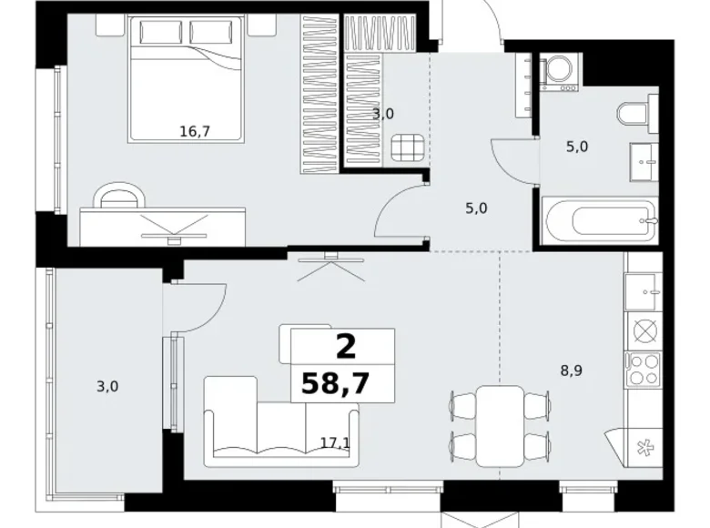 Appartement 2 chambres 59 m² Kommunarka, Russie