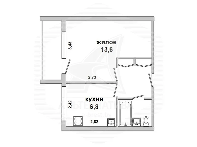 Wohnung 1 zimmer 28 m² Muchaviecki sielski Saviet, Belarus
