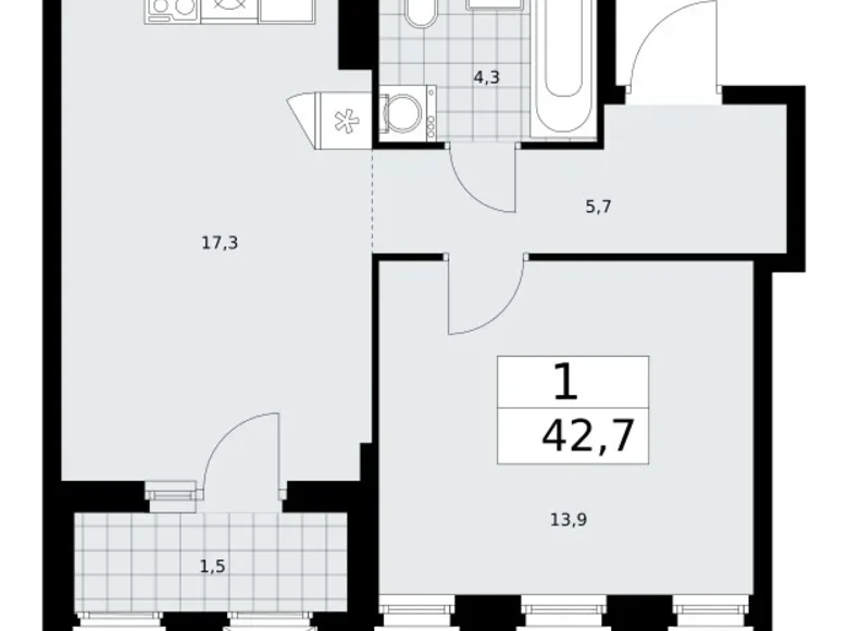 1 room apartment 43 m² Troitsk, Russia