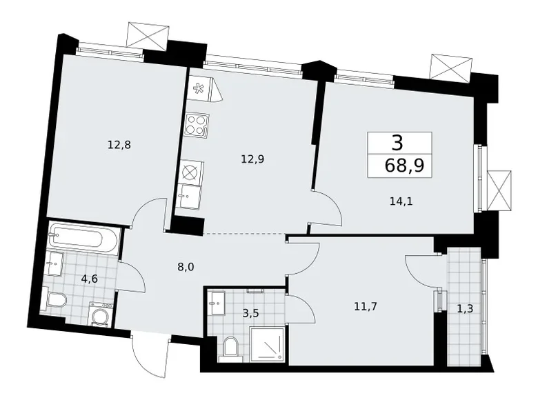 Appartement 3 chambres 69 m² Troïtsk, Russie