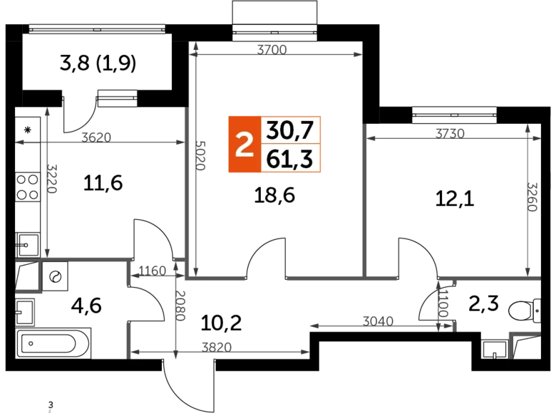 Mieszkanie 2 pokoi 61 m² Razvilka, Rosja