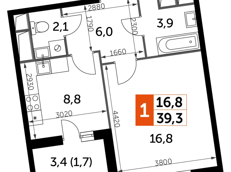 Mieszkanie 1 pokój 39 m² Razvilka, Rosja