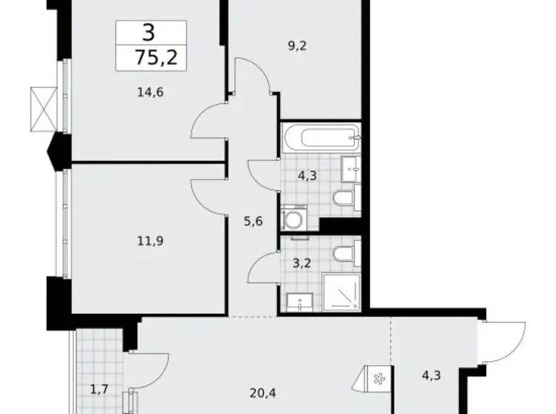 3 room apartment 75 m² Troitsk, Russia
