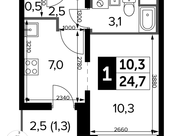 1 room studio apartment 25 m² Lyubertsy, Russia