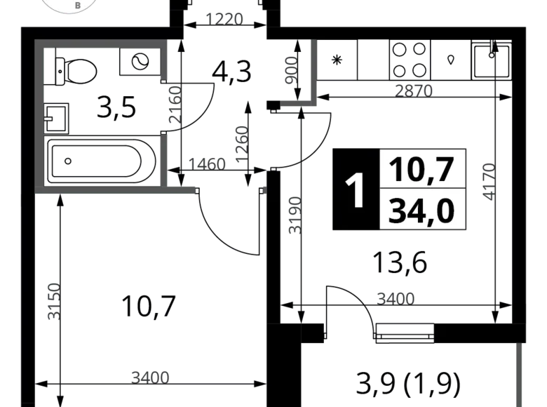 1 room apartment 34 m² Leninsky District, Russia