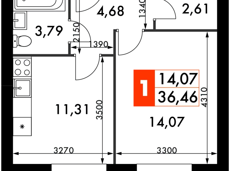 Квартира 1 комната 36 м² Одинцовский городской округ, Россия