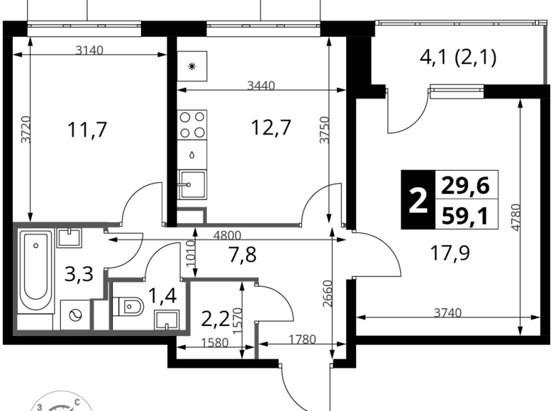 Wohnung 2 zimmer 59 m² Südwestlicher Verwaltungsbezirk, Russland