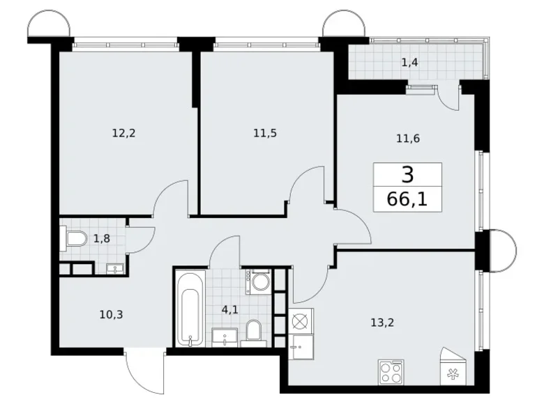 Квартира 3 комнаты 66 м² район Внуково, Россия