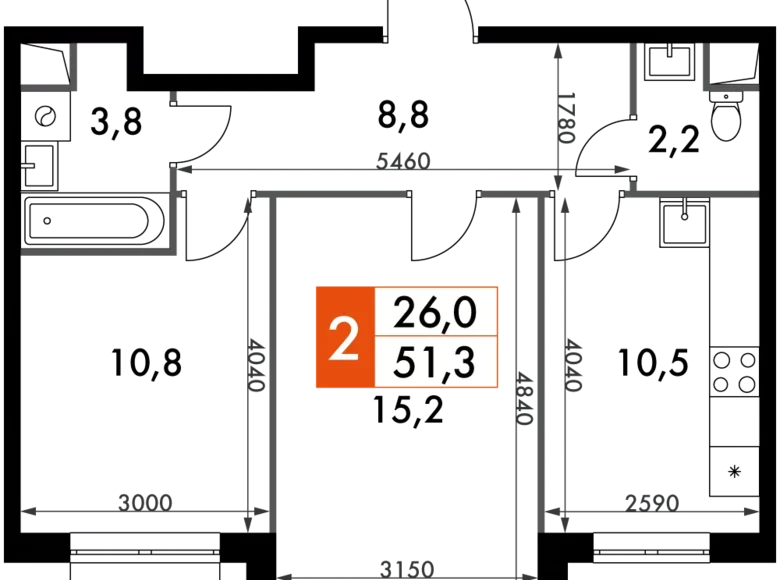 2 room apartment 51 m² Razvilka, Russia