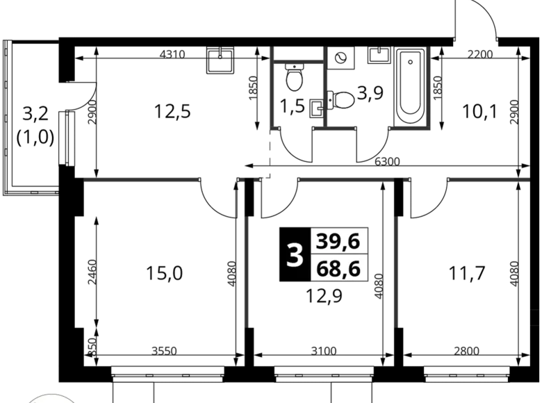 3 room apartment 69 m² Potapovo, Russia