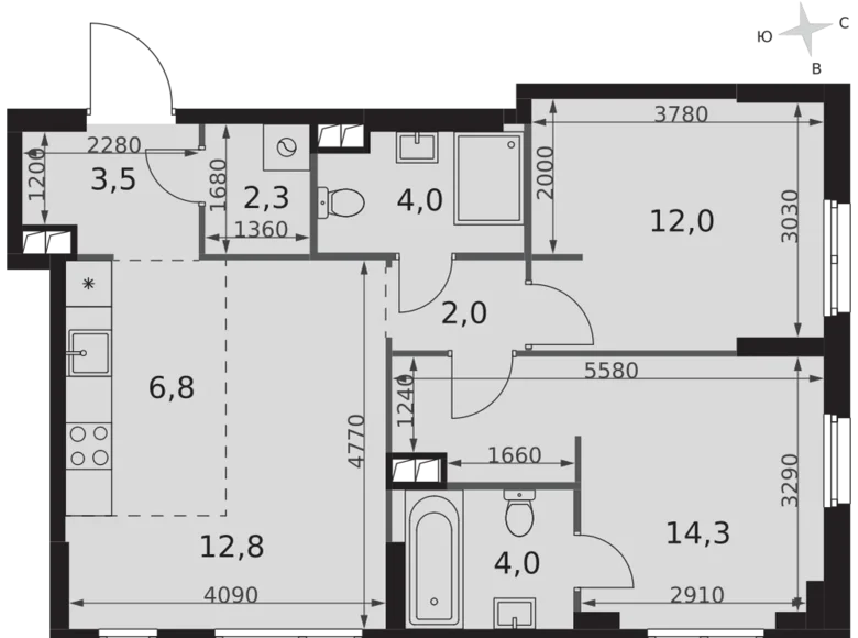 3 room apartment 62 m² North-Western Administrative Okrug, Russia