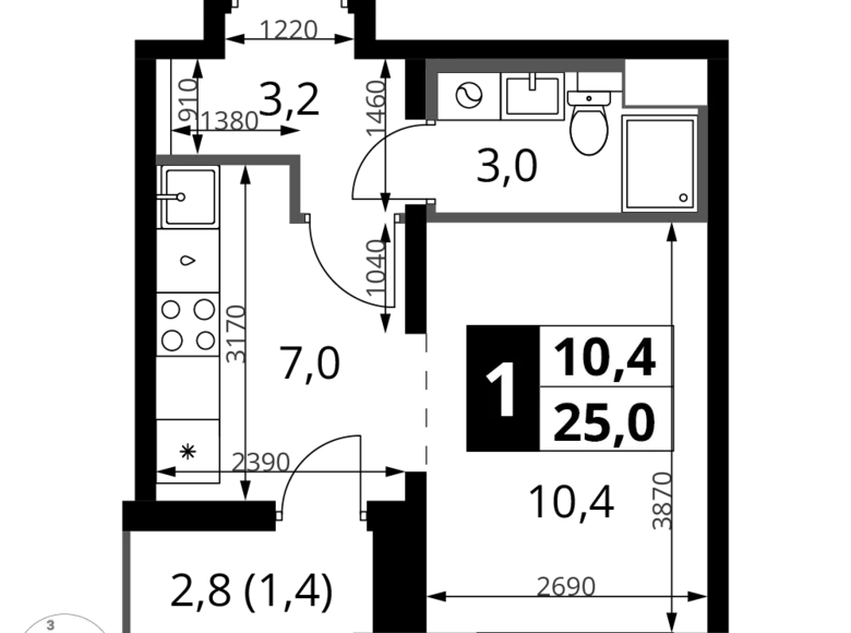 1 room studio apartment 25 m² Leninsky District, Russia