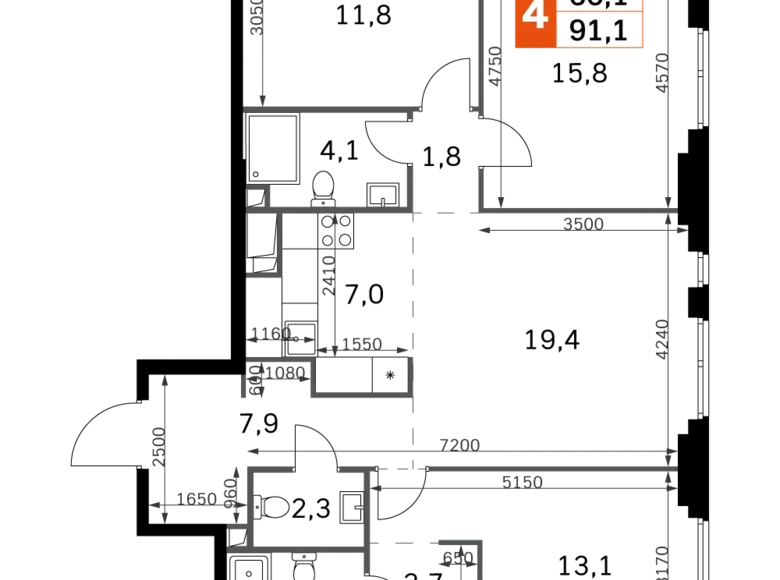 Mieszkanie 4 pokoi 91 m² North-Western Administrative Okrug, Rosja