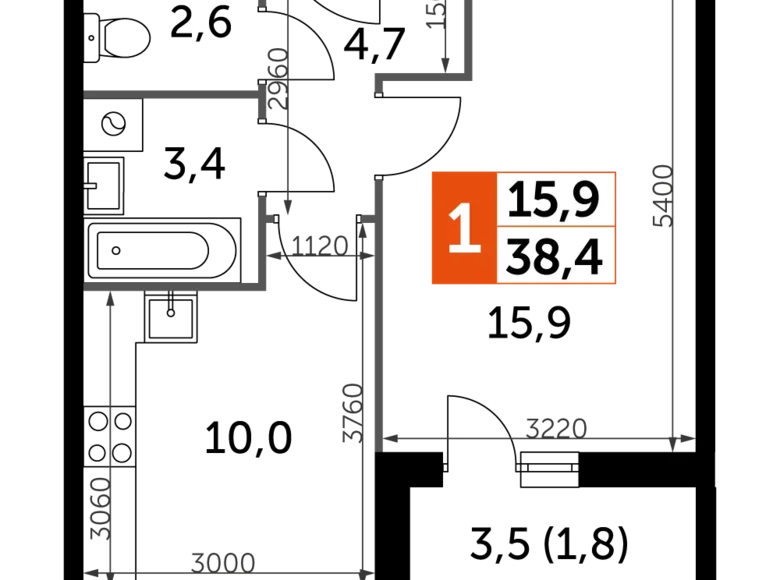 Apartamento 1 habitación 39 m² Razvilka, Rusia