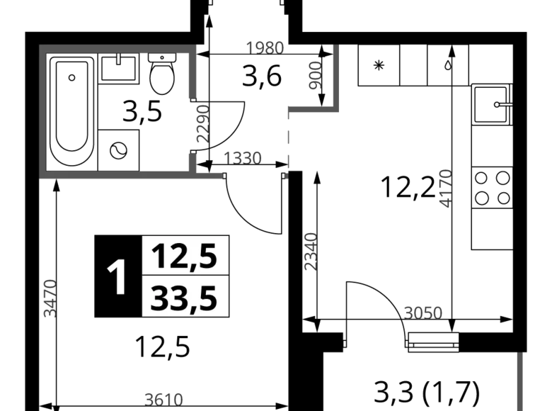 1 room apartment 34 m² Leninsky District, Russia