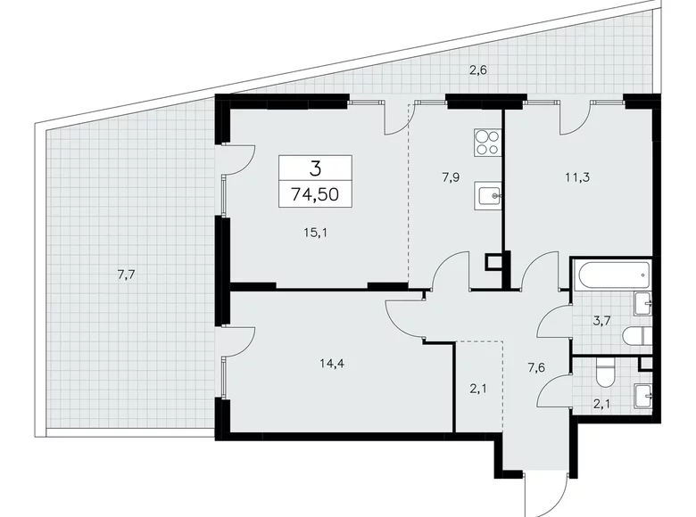 3 room apartment 75 m² Moscow, Russia