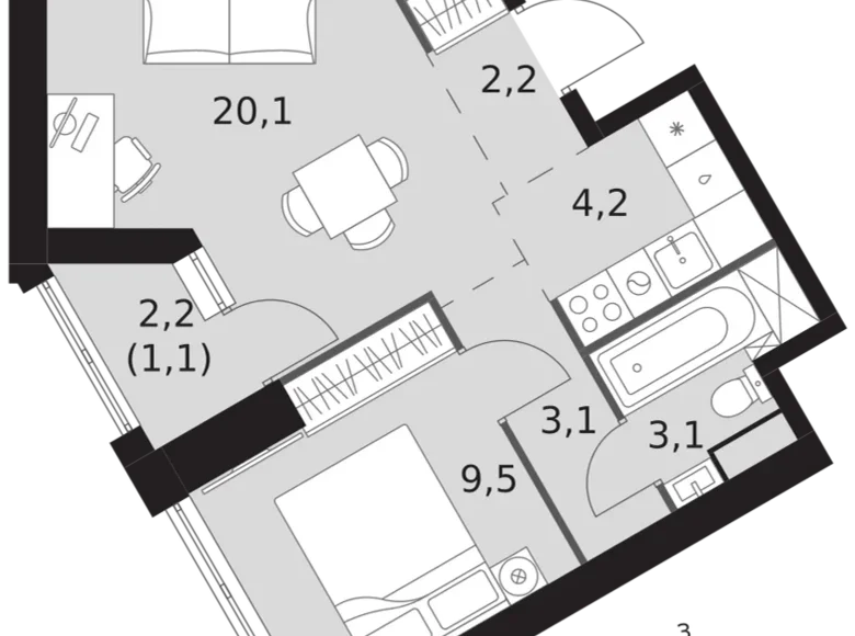 Квартира 2 комнаты 43 м² район Коньково, Россия