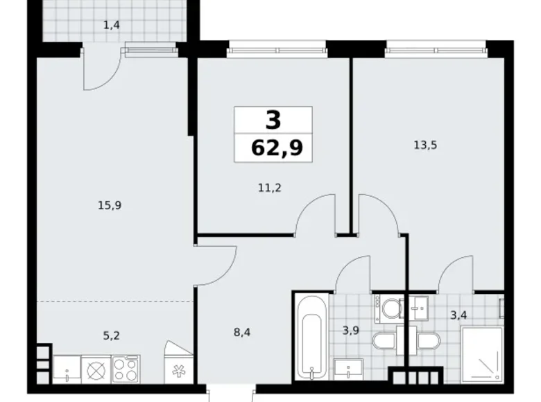 Appartement 3 chambres 63 m² poselenie Sosenskoe, Fédération de Russie