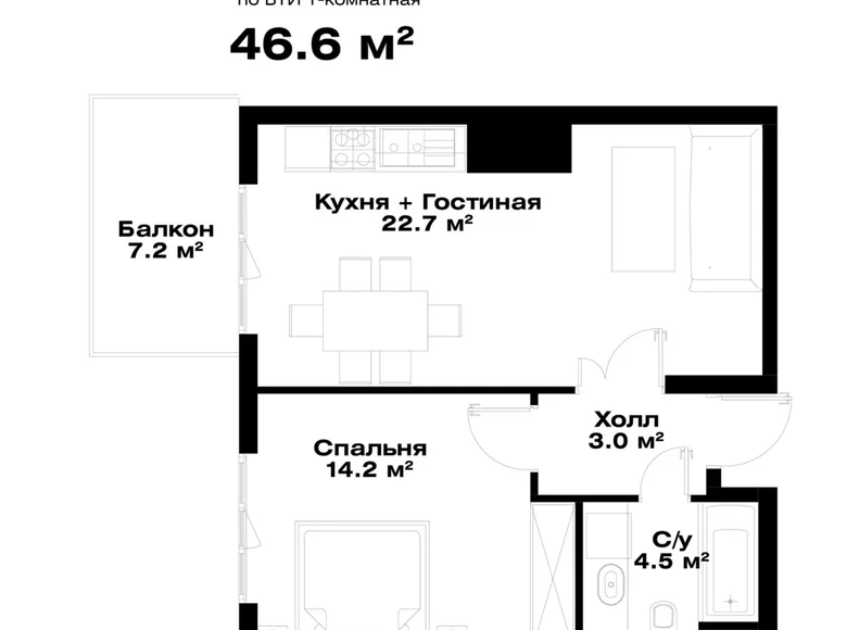 Kvartira 1 xona 47 m² Toshkentda