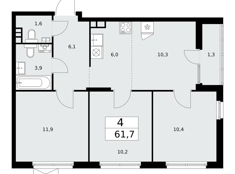 4 room apartment 62 m² poselenie Desenovskoe, Russia