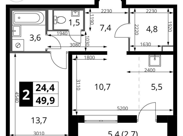 2 room apartment 50 m² Sapronovo, Russia