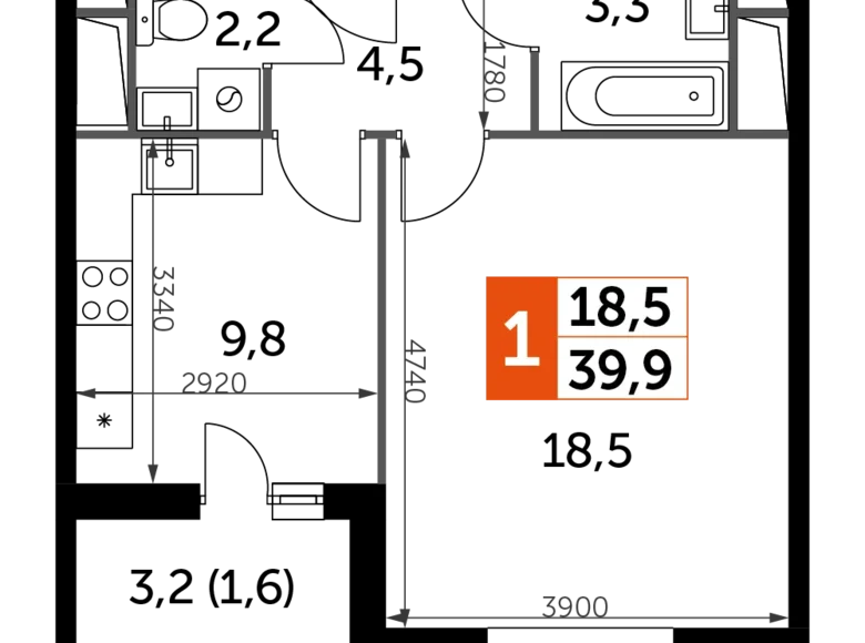 Mieszkanie 1 pokój 40 m² Razvilka, Rosja