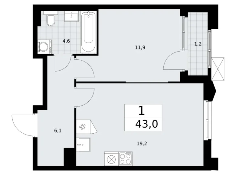 1 room apartment 43 m² Troitsk, Russia