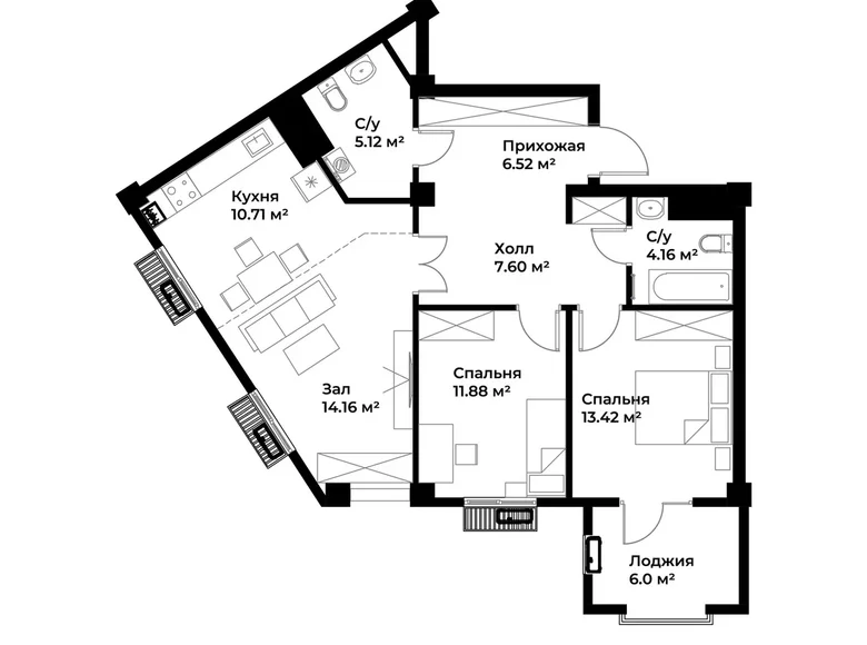 Квартира 2 комнаты 77 м² Ташкент, Узбекистан