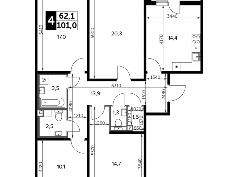 4 room apartment 103 m² Leninsky District, Russia