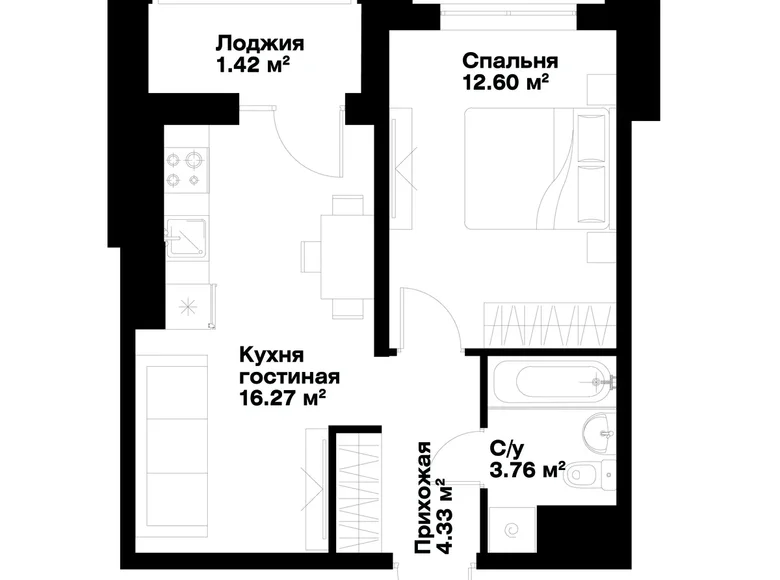 Kvartira 1 xona 38 m² Toshkentda