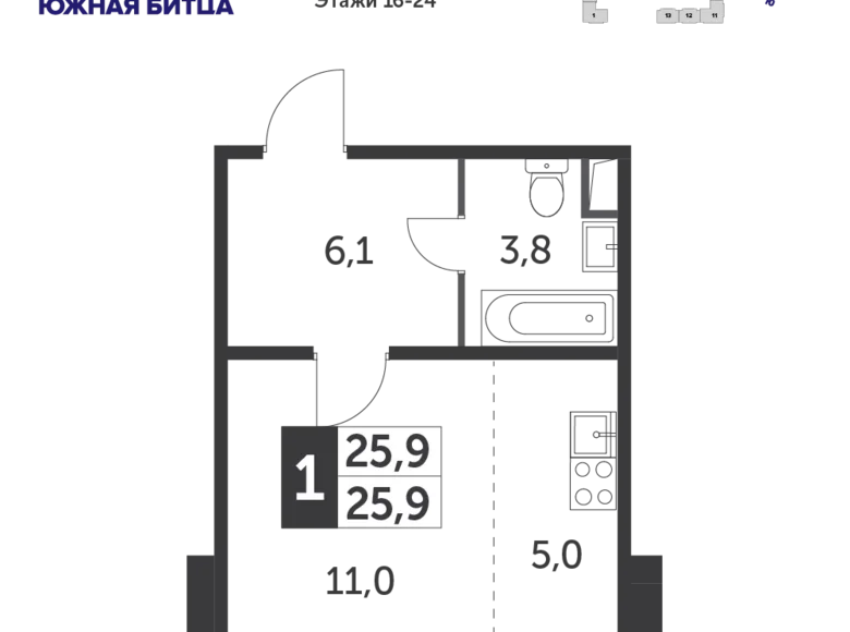 Студия 1 комната 26 м² Москва, Россия