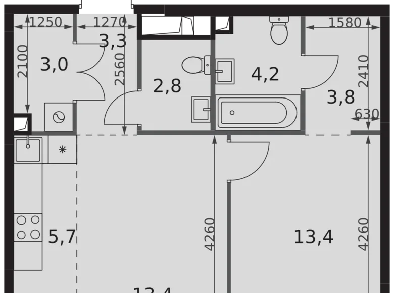 2 room apartment 50 m² Moscow, Russia