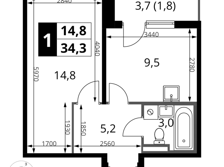 Apartamento 1 habitación 34 m² Potapovo, Rusia