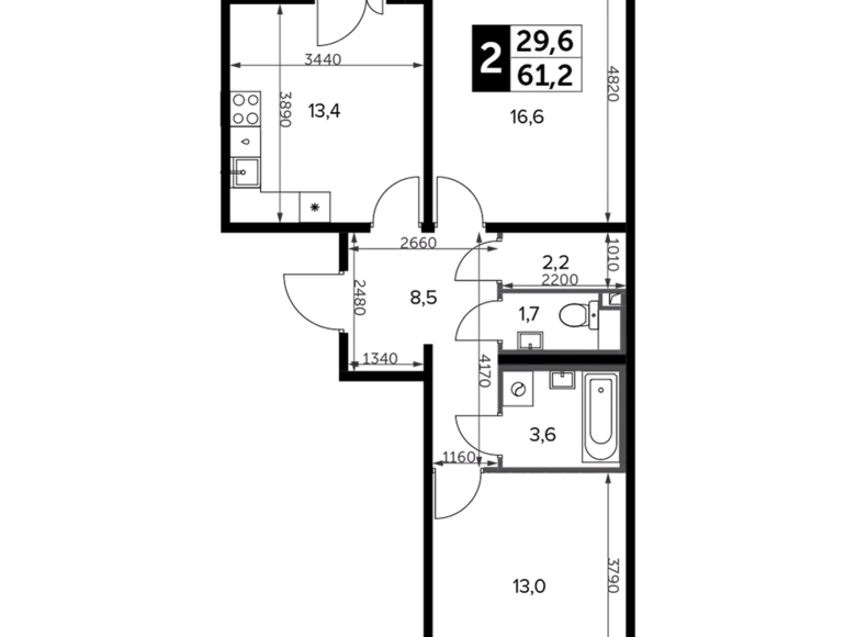 2 room apartment 62 m² Leninsky District, Russia