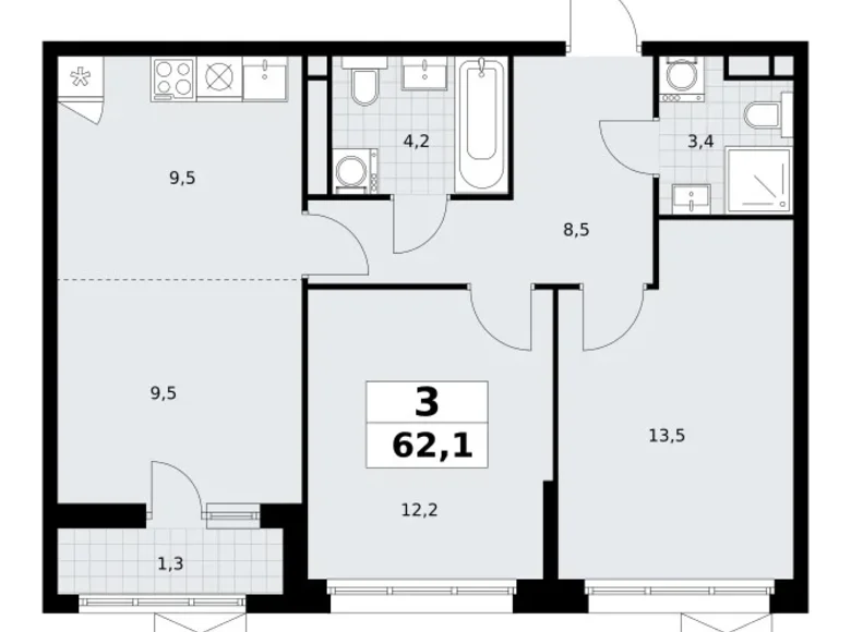 Mieszkanie 3 pokoi 62 m² Postnikovo, Rosja