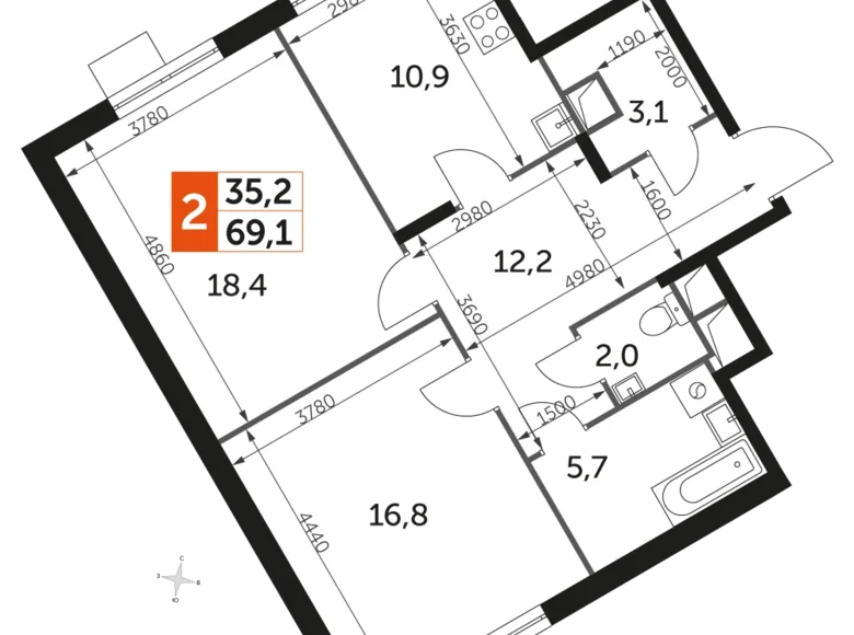 2 room apartment 69 m² Razvilka, Russia